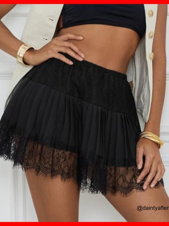 Lace Mini Skirt with Lined Shorts Ruffle Pleated Layering - Picture 5 of 6